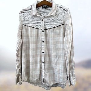 Boho Western Cream Plaid Crochet & Beaded Accented Lace Button-up Shirt | Sz XXL